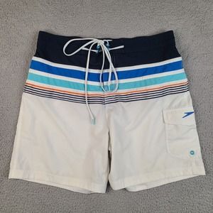 Speedo Board Shorts Men's Large White Blue Nautical Striped Swim‎ Trunks Lined